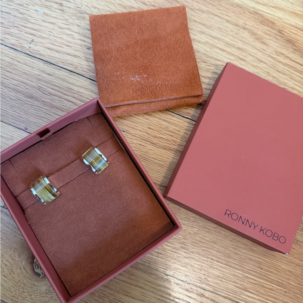 Ronny Kobo Bengali 14K-Gold-Plated & Picture Jasper Hoop Earrings NIB